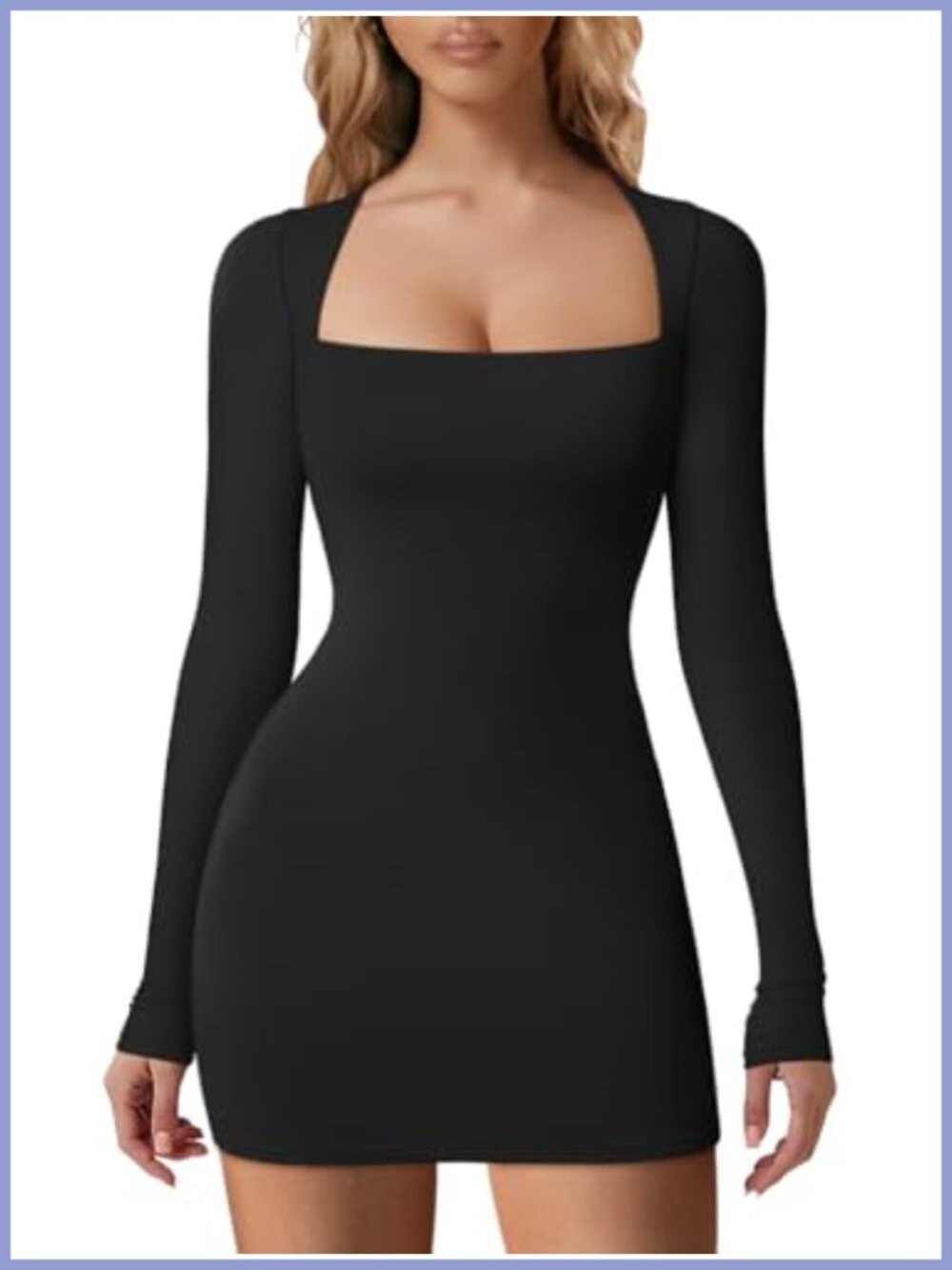 Women's Long Sleeve Square Neck Mini Dress - Fitted Party Club Dress